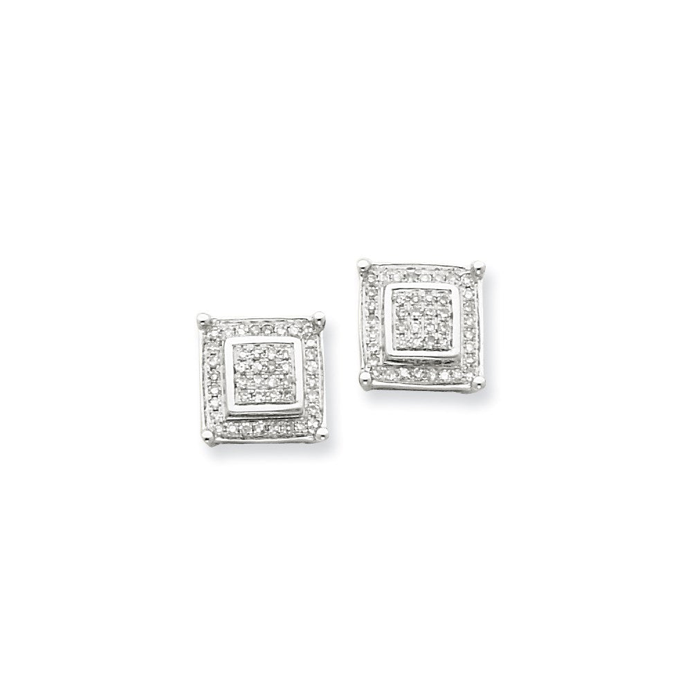 14K White Gold Real Diamond Small Double Square Bezel Post Earrings