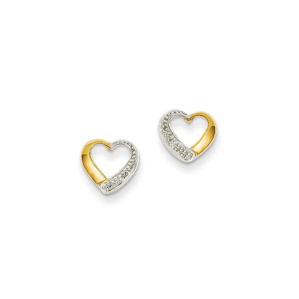 14k Yellow Gold & Rhodium Real Diamond Heart Post Earrings
