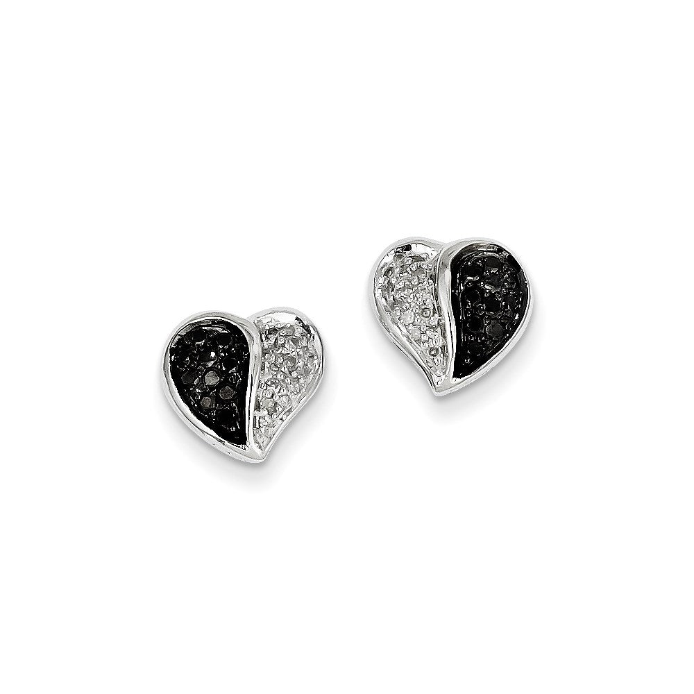 14K White Gold Black & White Real Diamonds Heart Post Earrings