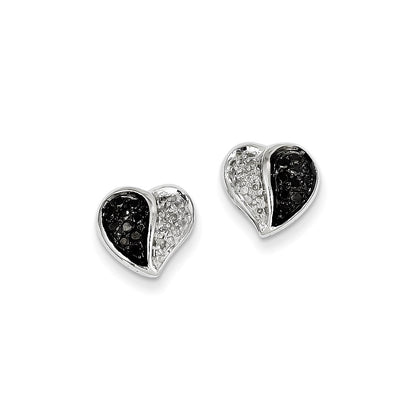 14K White Gold Black & White Real Diamonds Heart Post Earrings