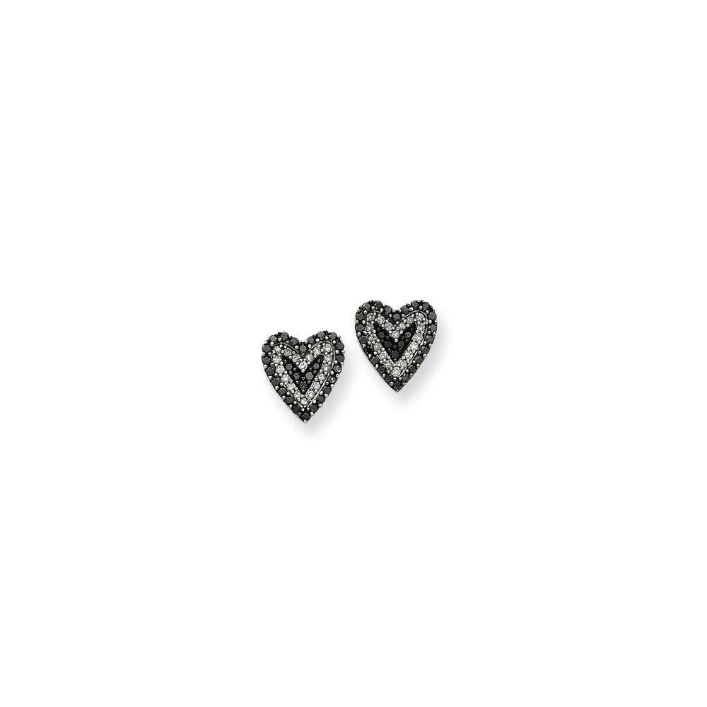 14K White Gold Black & White Real Diamond Heart Post Earrings