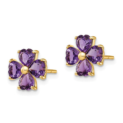 14k Yellow Gold Heart-shaped Amethyst Flower Post Earrings