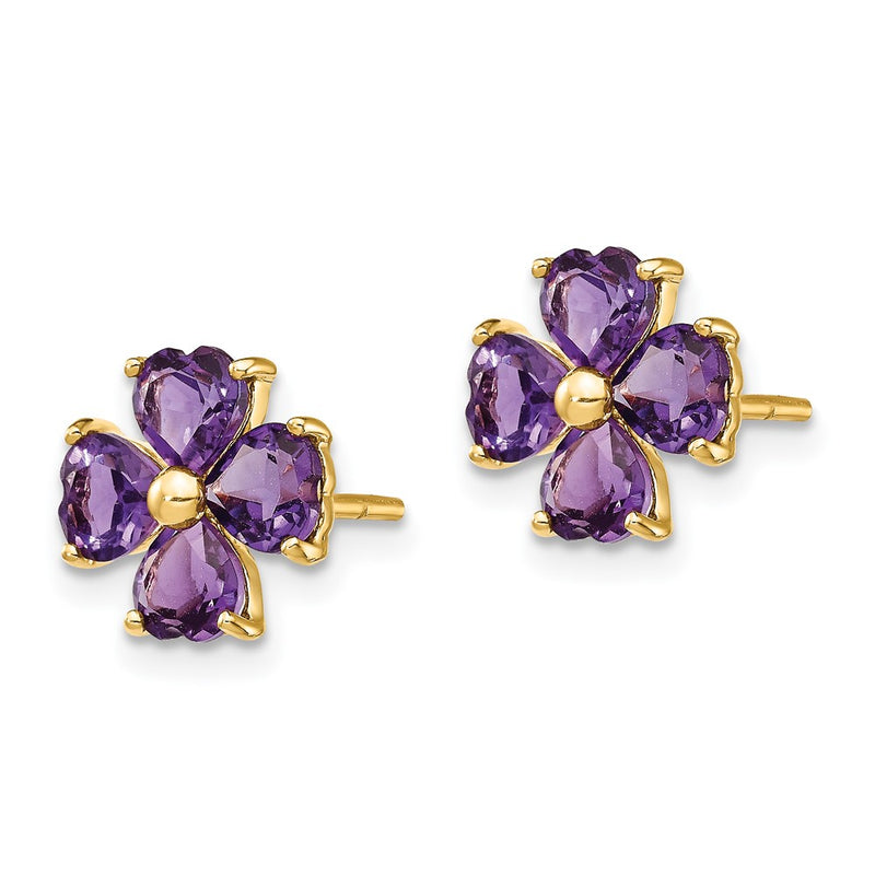 14k Yellow Gold Heart-shaped Amethyst Flower Post Earrings