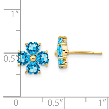 14k Yellow Gold Heart-shaped Swiss Blue Topaz Flower Post Earrings