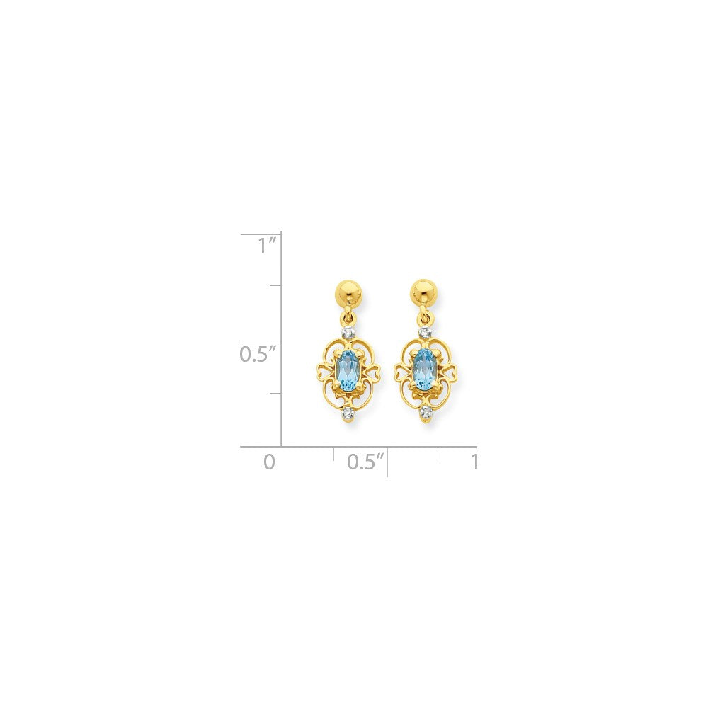 14k Yellow Gold & Rhodium Marquise Blue Topaz Real Diamond Dangle Post Earrings