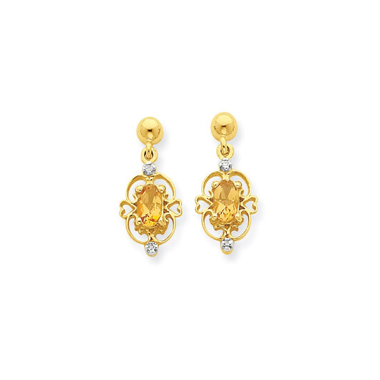 14k Yellow Gold & Rhodium Marquise Citrine & Real Diamond Dangle Post Earrings