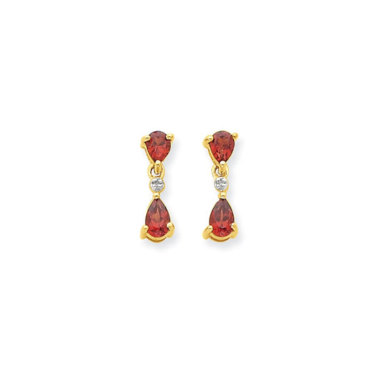 14k Yellow Gold & Rhodium Double Pear Garnet & Real Diamond Dangle Post Earrings