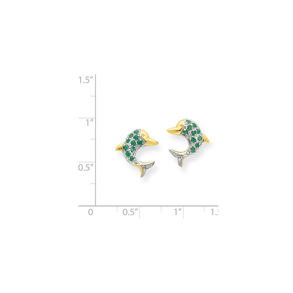 14k Yellow Gold & Rhodium Emerald & Real Diamond Dolphin Post Earrings
