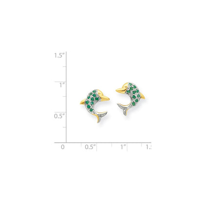 14k Yellow Gold & Rhodium Emerald & Real Diamond Dolphin Post Earrings