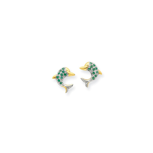 14k Yellow Gold & Rhodium Emerald & Real Diamond Dolphin Post Earrings