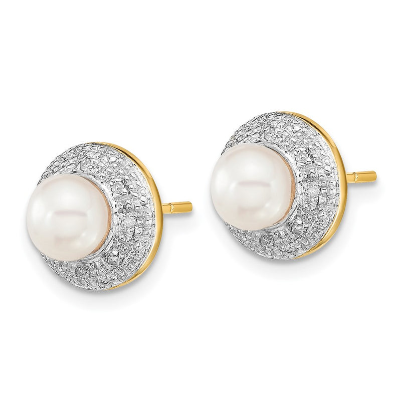 14k Yellow Gold and Rhodium 5-6mm Button FWC Pearl .05ct Real Diamond Post Earrings