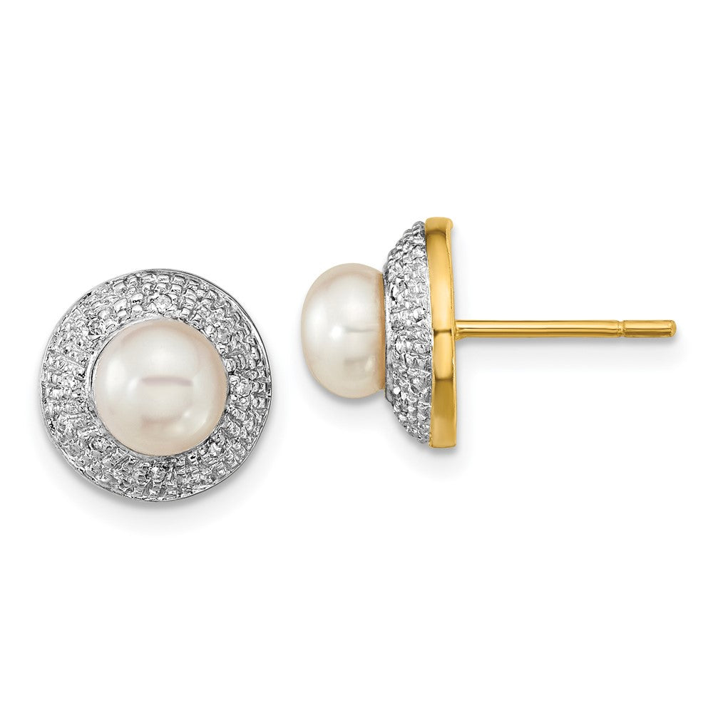 14k Yellow Gold and Rhodium 5-6mm Button FWC Pearl .05ct Real Diamond Post Earrings