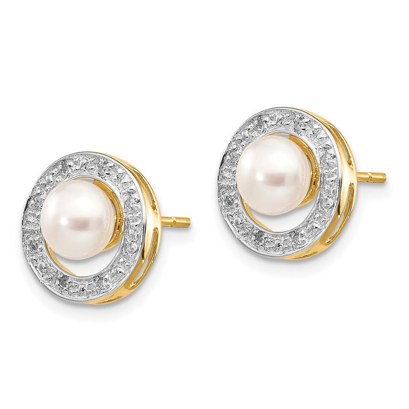 14k Yellow Gold and Rhodium 5-6mm Button FWC Pearl .05ct Real Diamond Post Earrings