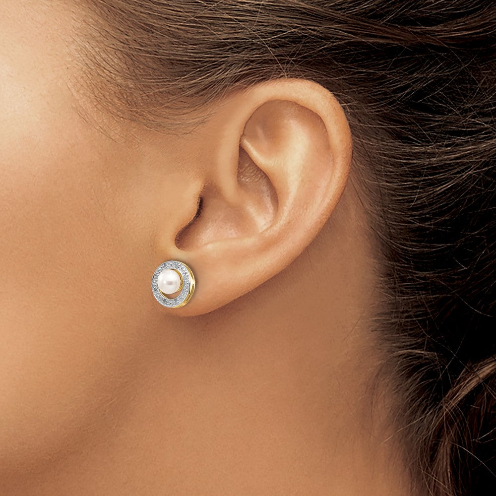 14k Yellow Gold and Rhodium 5-6mm Button FWC Pearl .05ct Real Diamond Post Earrings