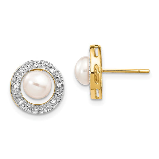 14k Yellow Gold and Rhodium 5-6mm Button FWC Pearl .05ct Real Diamond Post Earrings