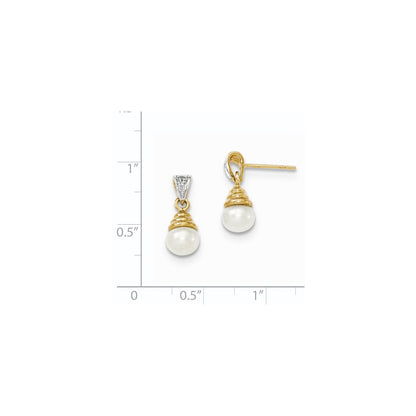 14k Yellow Gold & Rhodium 6-7mm FW Cultured Pearl & Real Diamond Post Earrings