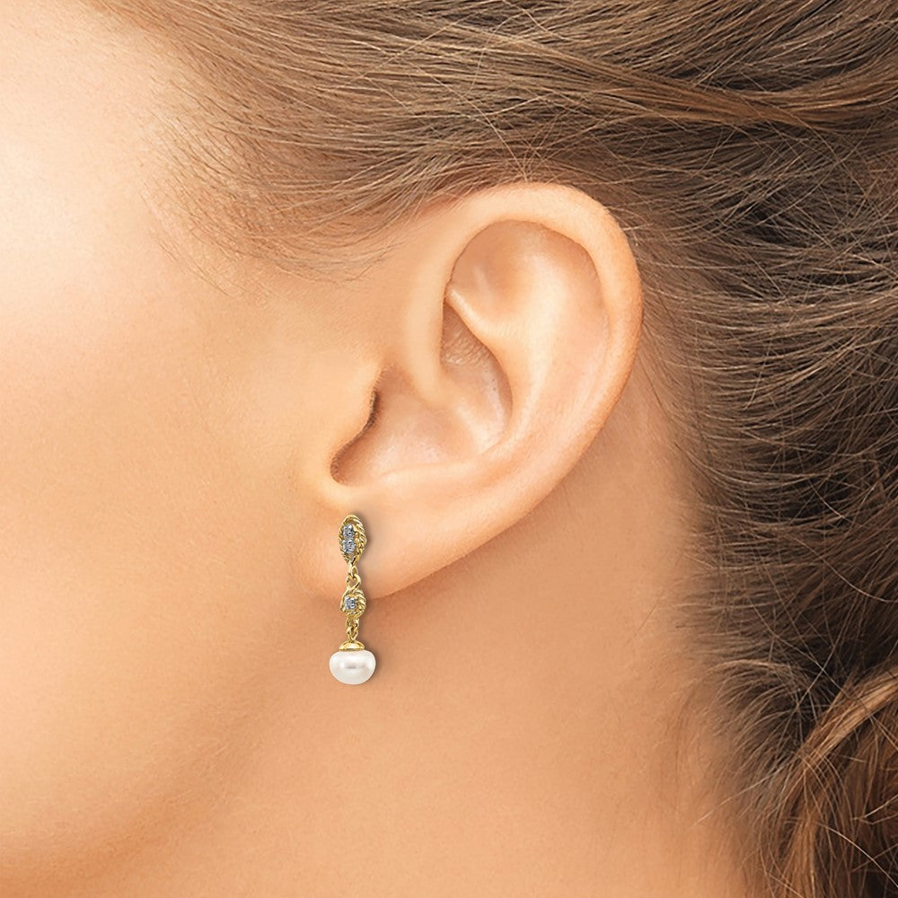14k Yellow Gold w/Rhodium 6-7mm Semi-round FWC Pearl .02ct Real Diamond Earrings