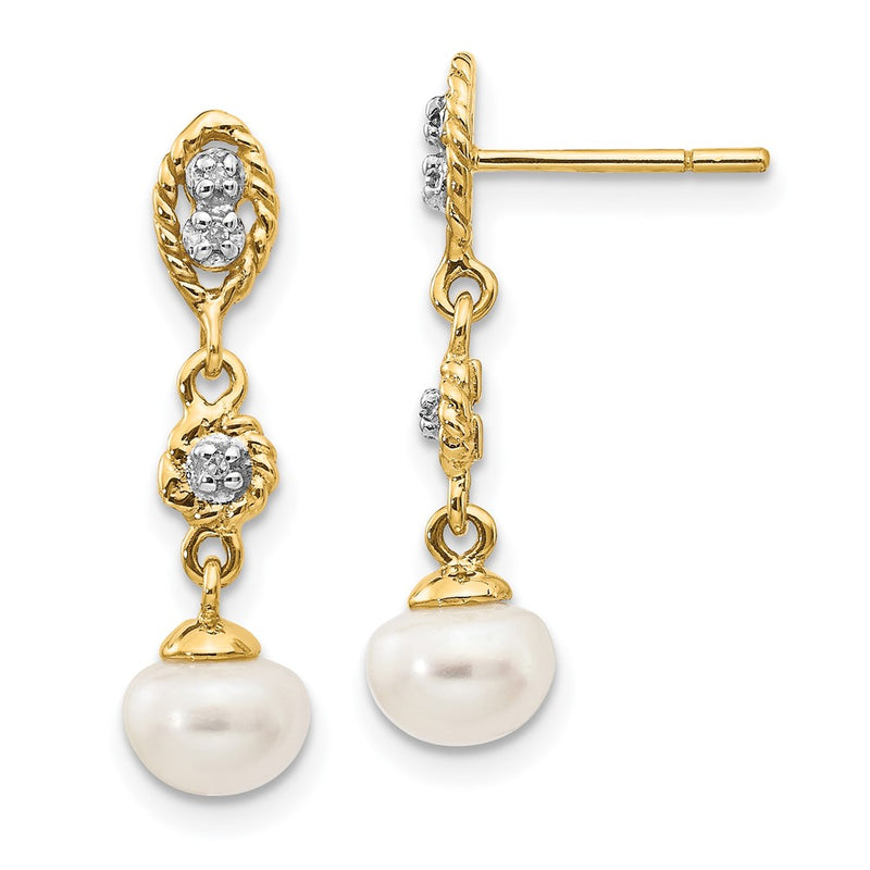 14k Yellow Gold w/Rhodium 6-7mm Semi-round FWC Pearl .02ct Real Diamond Earrings