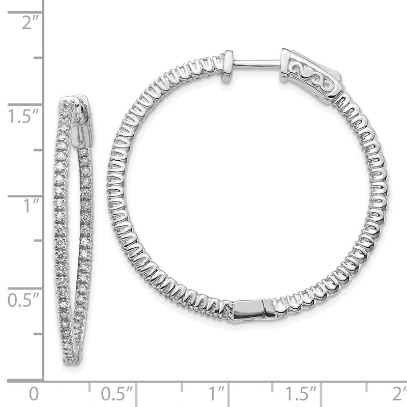 14k White Gold Diamond Round Hoop w/Safety Clasp Earrings