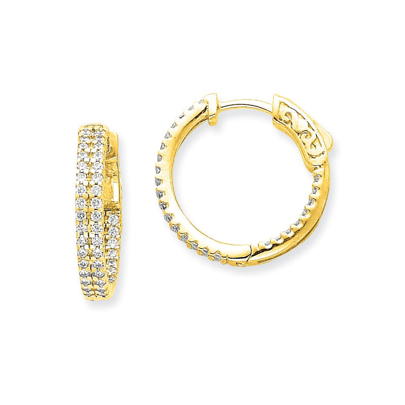 14k Yellow Gold Diamond Round Hoop w/Safety Clasp Earrings