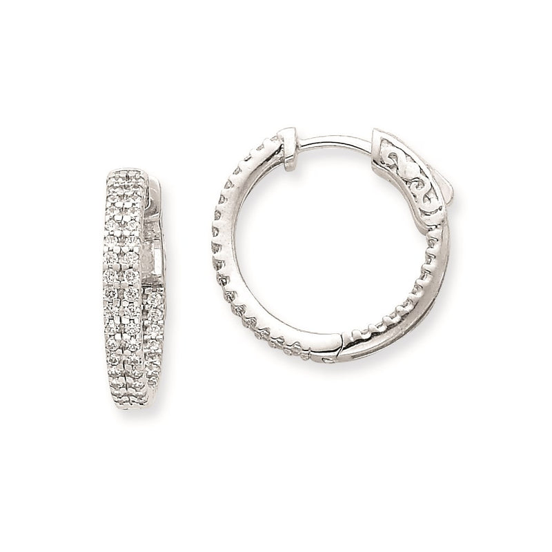 14k White Gold WG Diamond Round Hoop w/Safety Clasp Earrings
