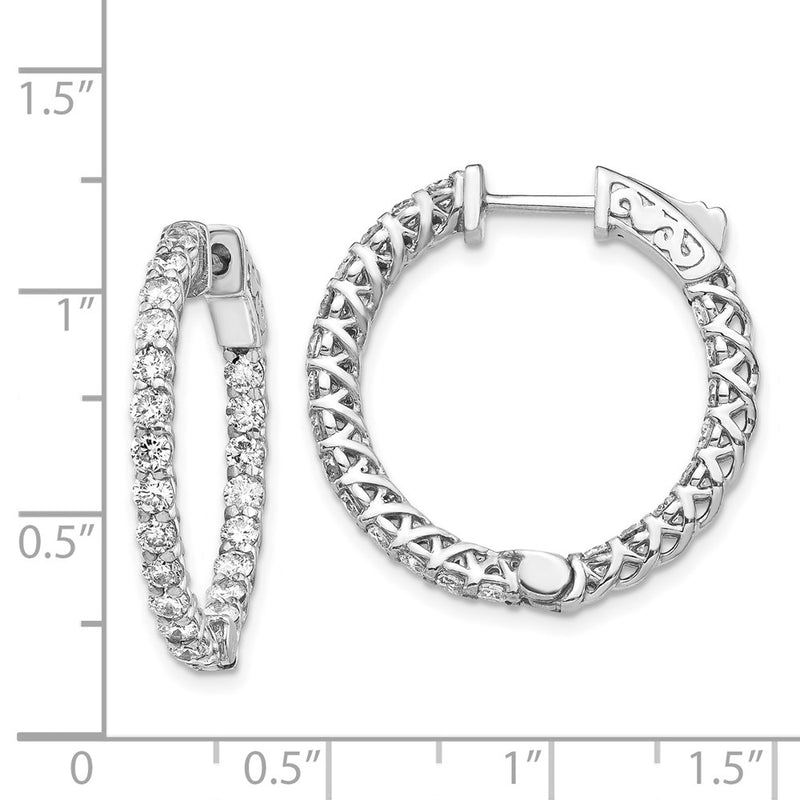 14k White Gold Diamond Round Hoop w/Safety Clasp Earrings