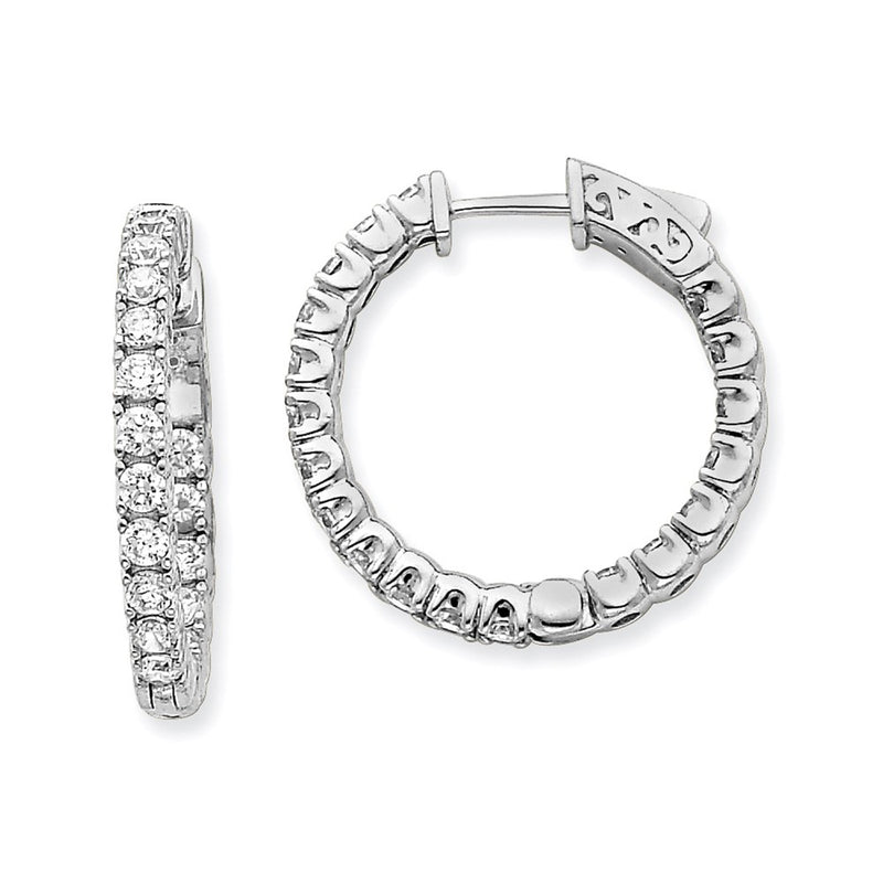 14k White Gold Diamond Round Hoop w/Safety Clasp Earrings