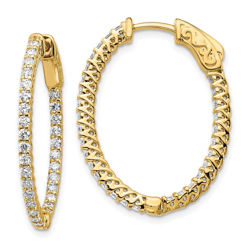 14k Yellow Gold Diamond Oval Hoop w/Safety Clasp Earrings