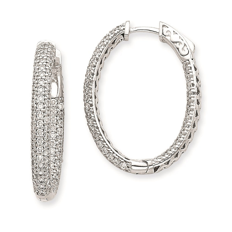 14k White Gold WG Diamond Oval Hoop w/Safety Clasp Earrings