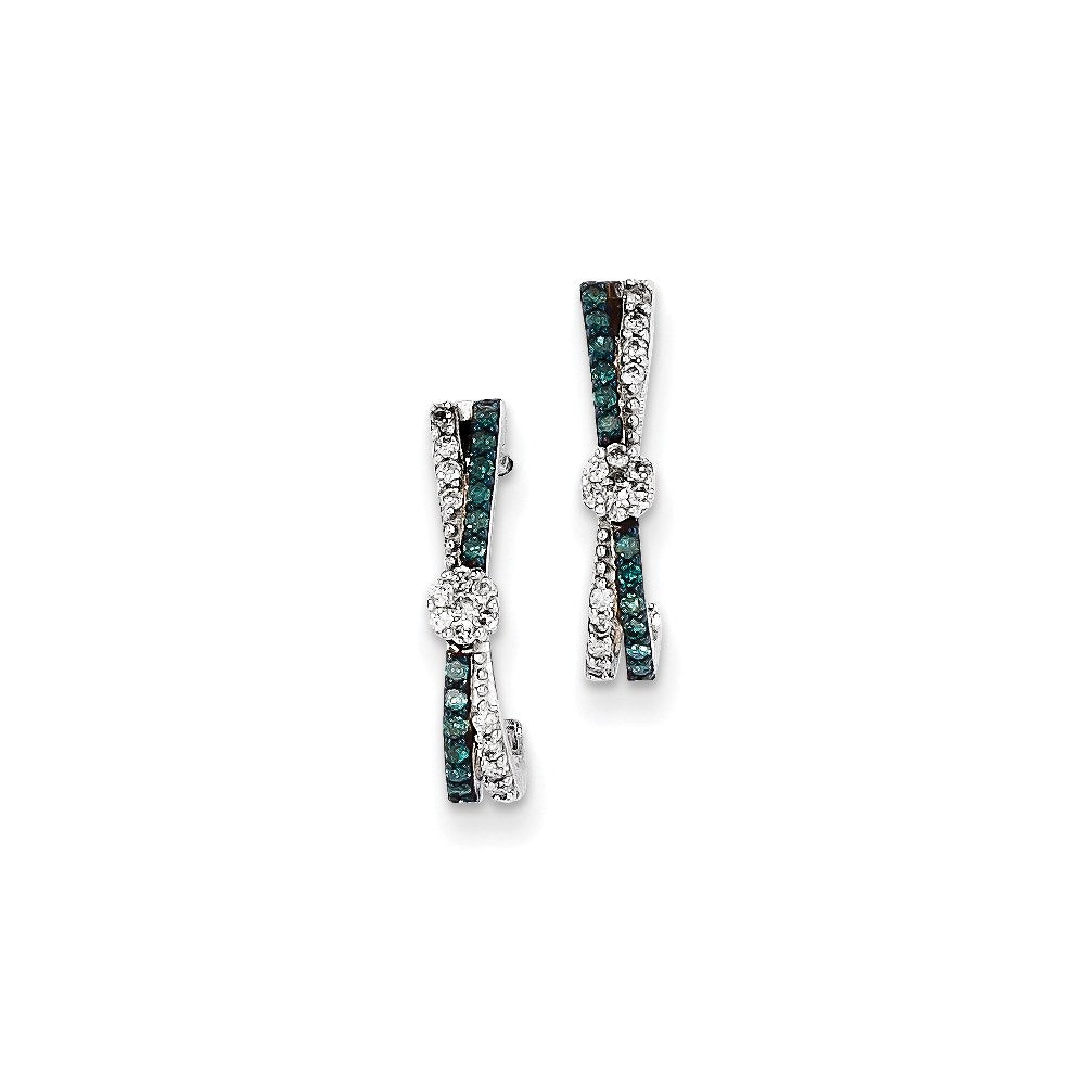 14k White Gold w/ Blue and White Real Diamond J-Hoop Post Earrings