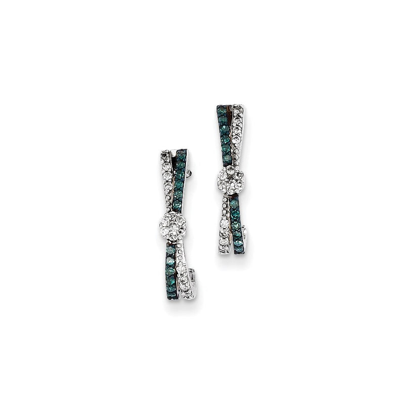 14k White Gold w/ Blue and White Real Diamond J-Hoop Post Earrings