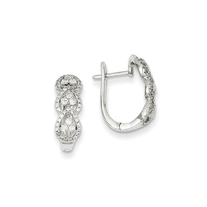 14k White Gold Real Diamond Heart Pattern Hinged Hoop Earrings