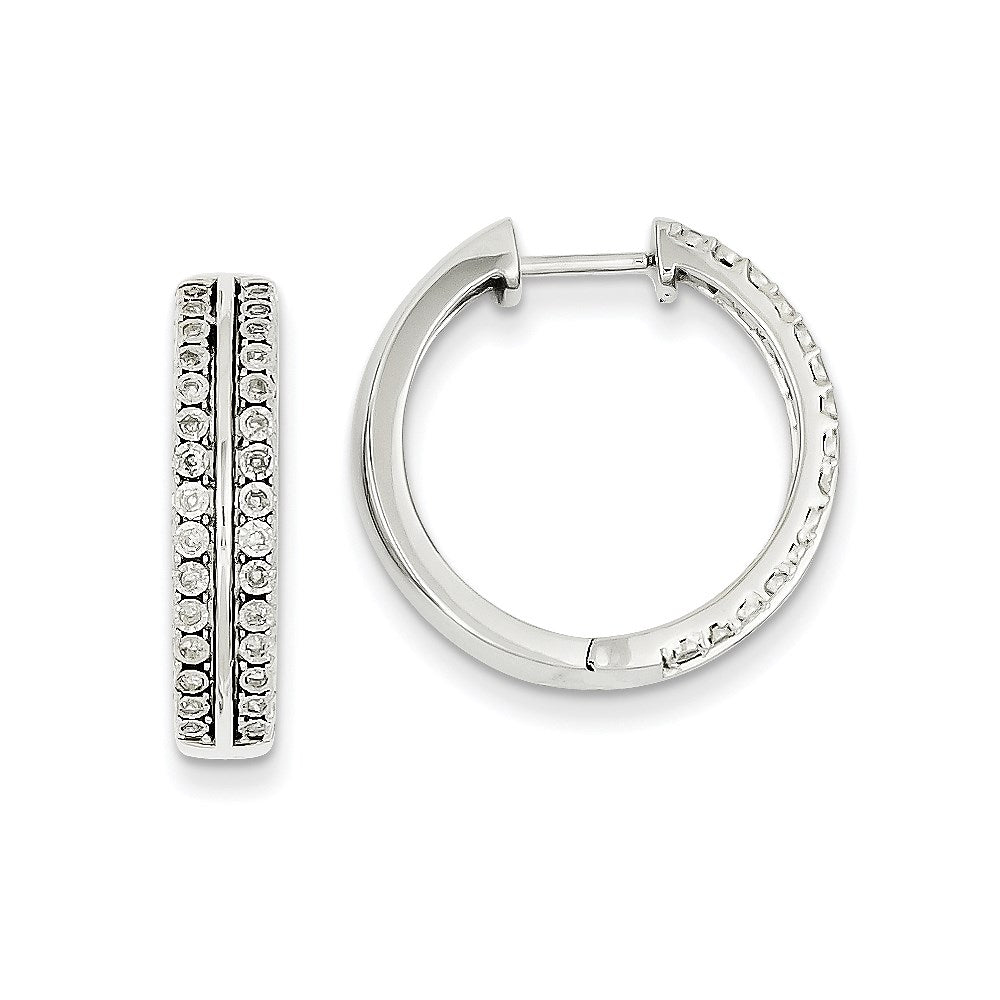 14k White Gold Real Diamond Double Lined Hinged Hoop Earrings