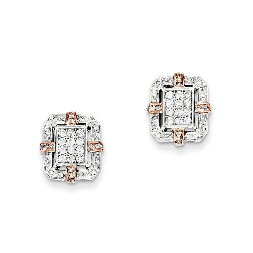 14k White Gold & Rose Rhodium Real Diamond Rectangle Post Earrings