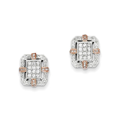 14k White Gold & Rose Rhodium Real Diamond Rectangle Post Earrings