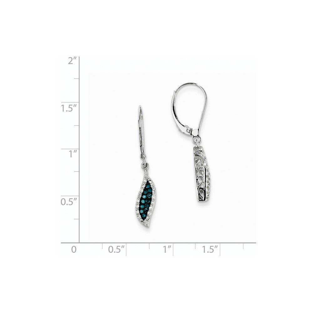 14k White Gold White & Blue Diamond Dangle Leverback Earrings