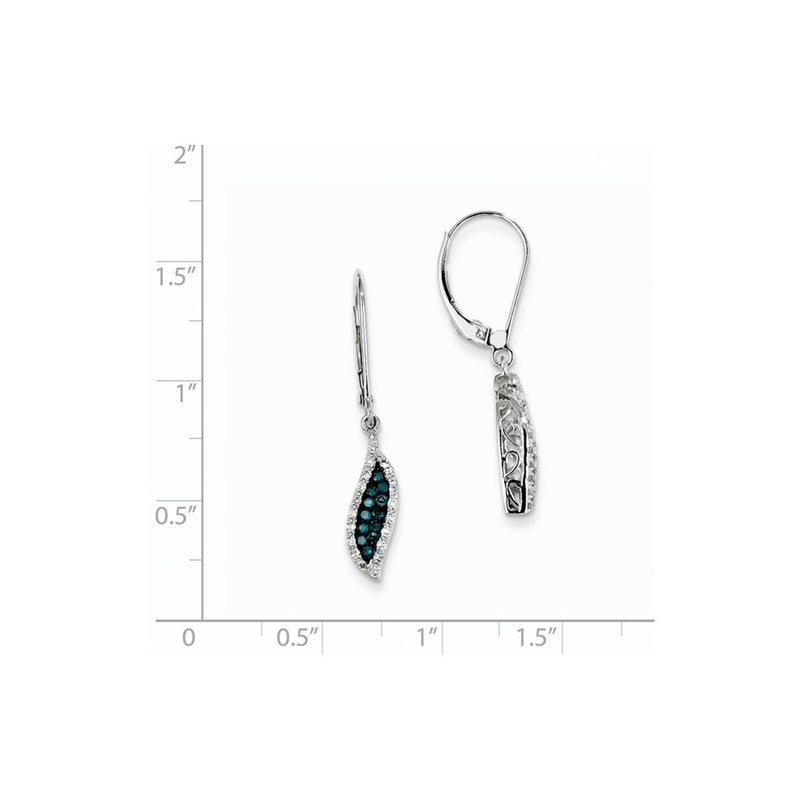 14k White Gold White & Blue Diamond Dangle Leverback Earrings