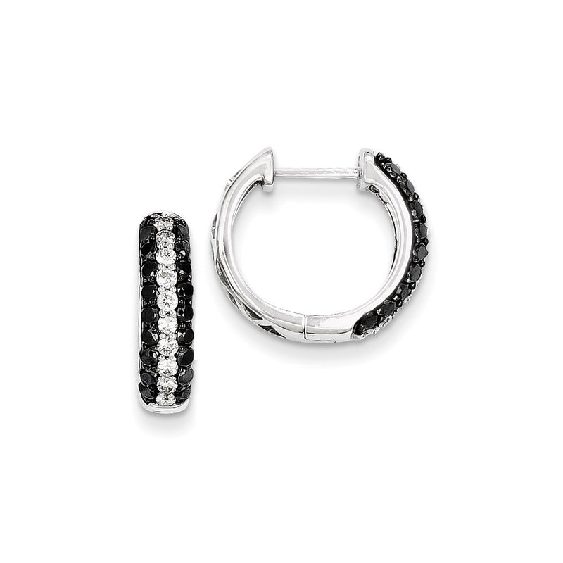 14k White Gold White & Black Real Diamond Hinged Hoop Earrings