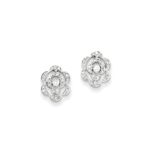 14k White Gold Real Diamond Flower Post Earrings