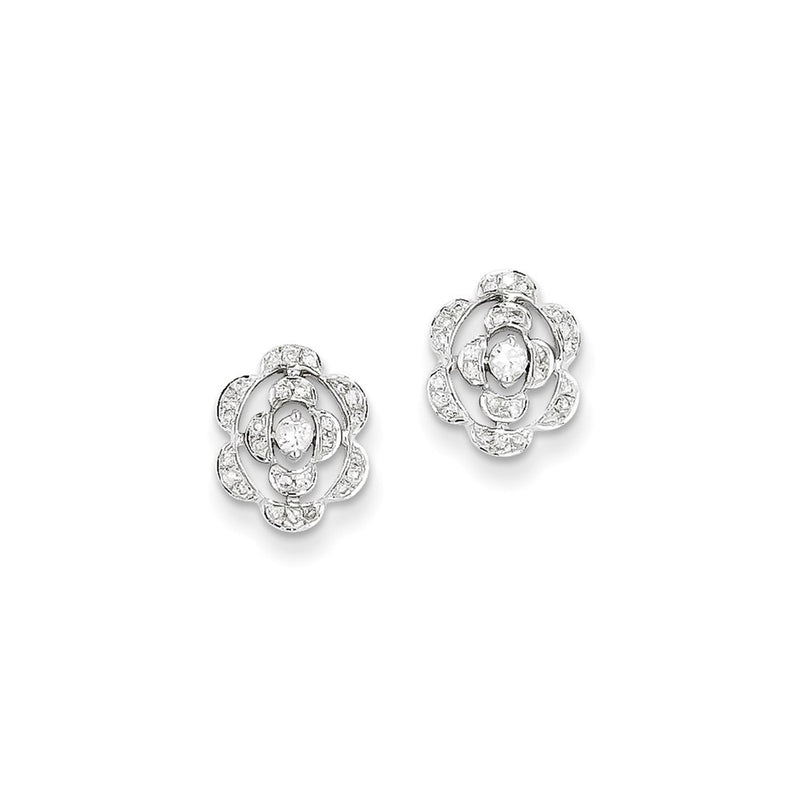 14k White Gold Real Diamond Flower Post Earrings