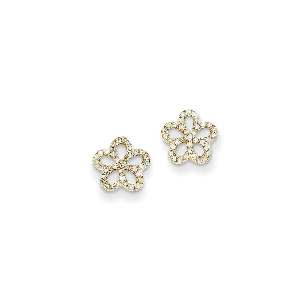 14k Yellow Gold Real Diamond Flower Post Earrings