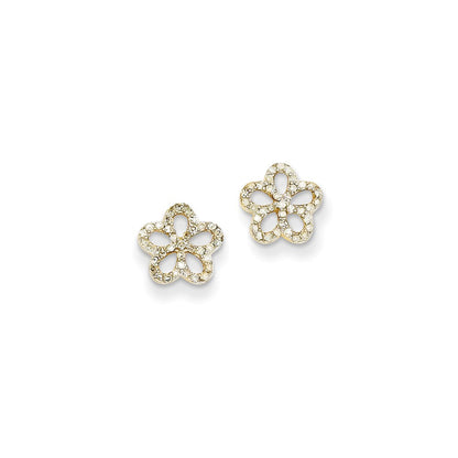 14k Yellow Gold Real Diamond Flower Post Earrings