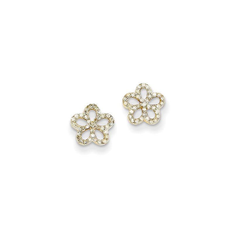 14k Yellow Gold Real Diamond Flower Post Earrings