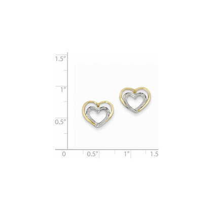 14k Yellow Gold Real Diamond Double Heart Post Earrings
