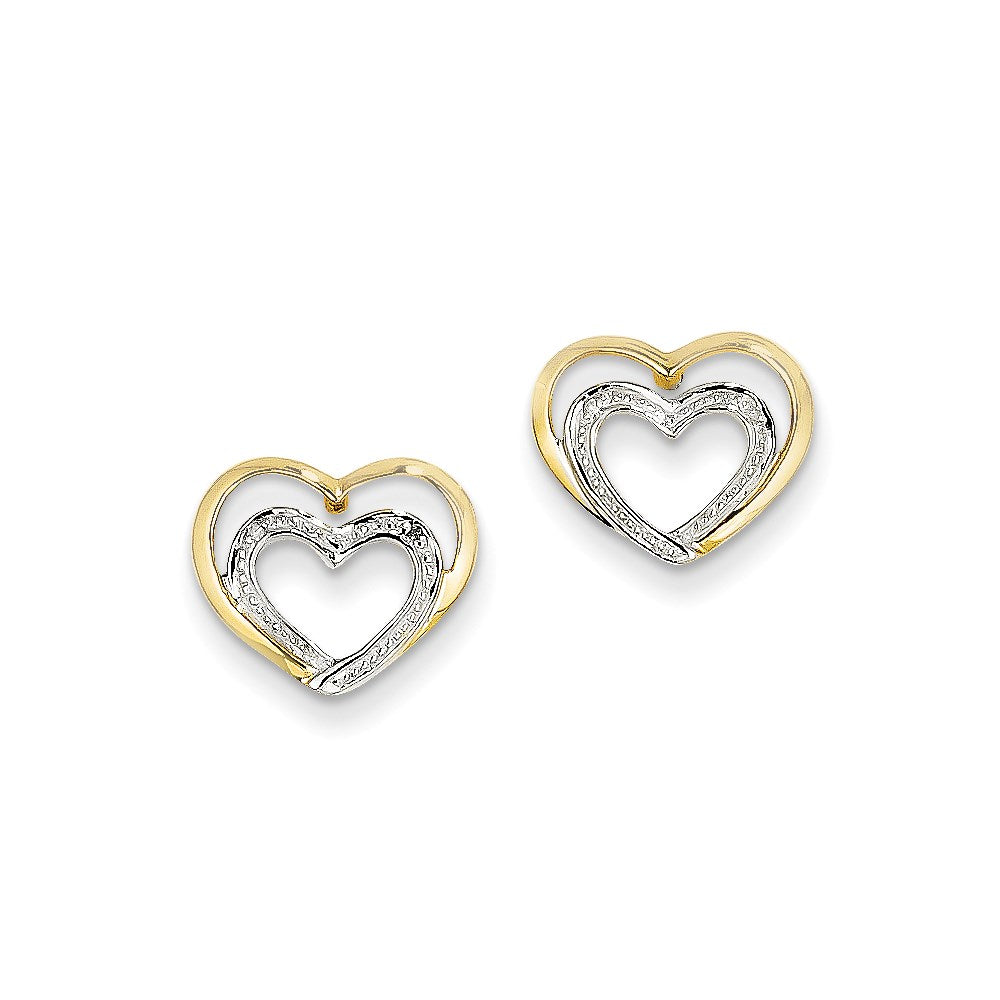 14k Yellow Gold Real Diamond Double Heart Post Earrings