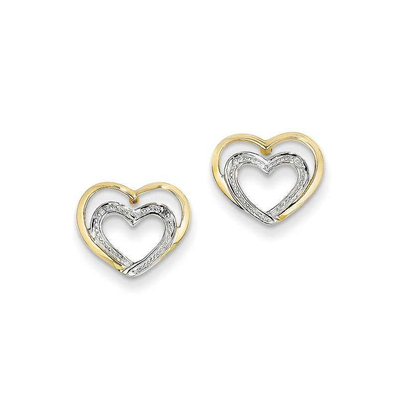 14k Yellow Gold Real Diamond Double Heart Post Earrings