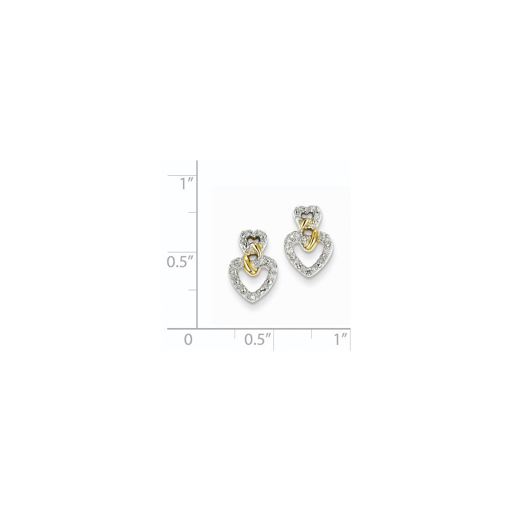 14k Yellow Gold Real Diamond Double Heart Post Earrings