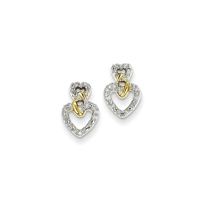 14k Yellow Gold Real Diamond Double Heart Post Earrings