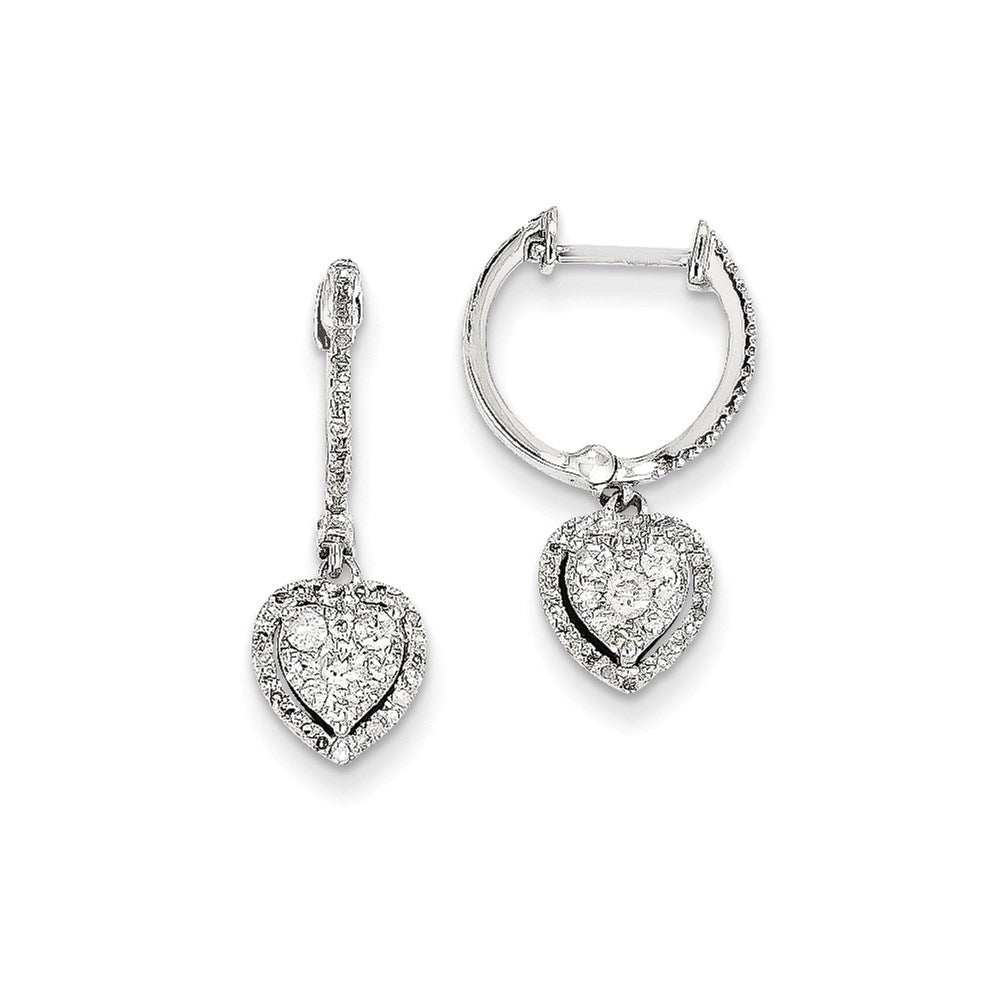 14K White Gold and Real Diamond Heart Hinged Hoop Earrings