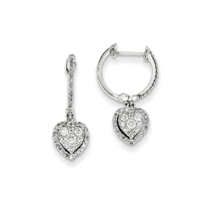 14K White Gold and Real Diamond Heart Hinged Hoop Earrings